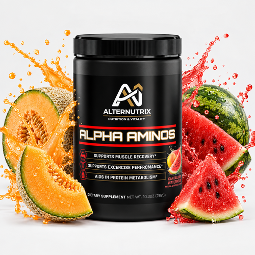 A black plastic tub of AlternNutrix Alpha Aminos dietary supplement with a black lid, featuring a black label with red and white text and a small melon graphic, on a light gray background.