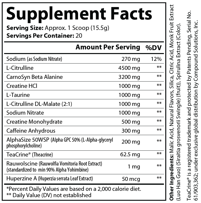 A supplement facts label showing a supplement powder package with serving size of 1 scoop (15.5g), 20 servings per container.