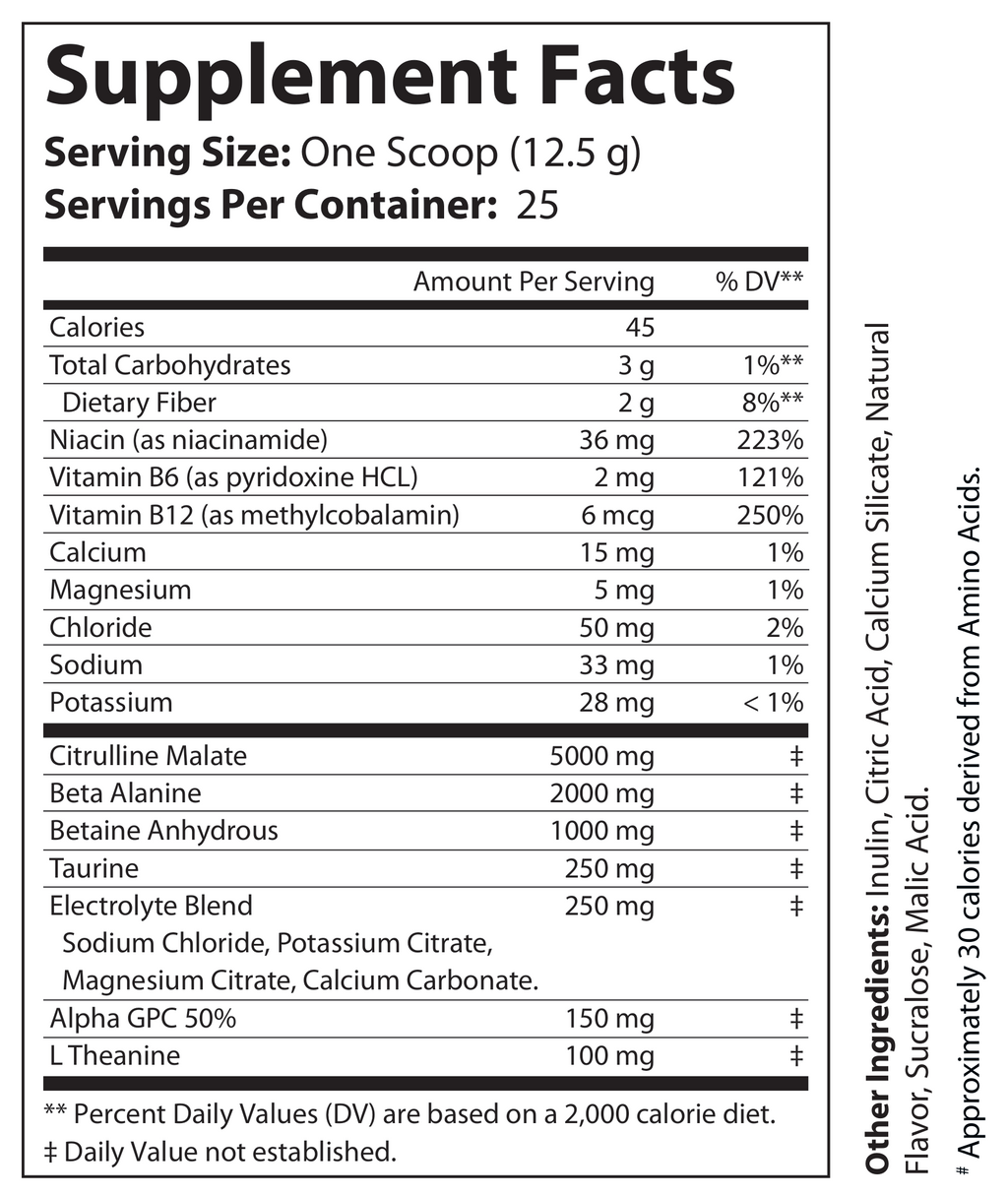 A supplement facts label showing a supplement powder package with a white background and black text. The label lists serving size as one scoop (12.