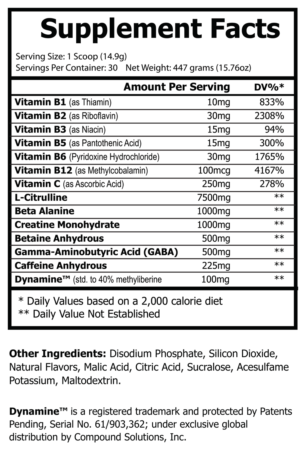 A Supplement Facts label from Compound Solutions, Inc. showing vitamin and amino acid content, serving size 1 scoop, 30 servings per container, and a list of other ingredients.