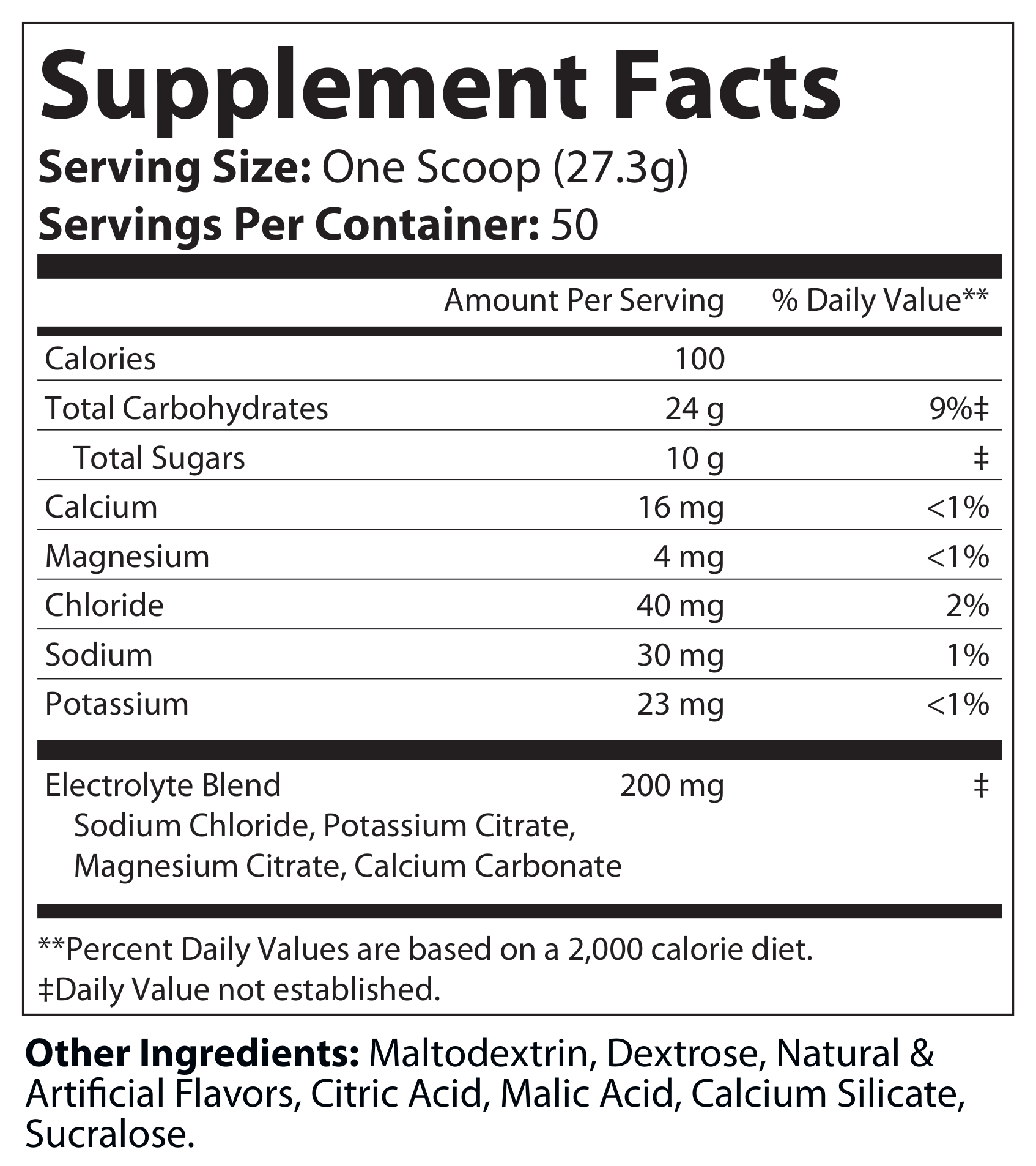 A Supplement Facts nutrition label panel for an electrolyte blend, showing serving size, calories, carbohydrates, sugars, minerals, and other ingredients on a white background.