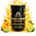 A black tub of AlternNutrix Alpha Charge pre-workout supplement centered on a white background, surrounded by bright orange flames and citrus slices including oranges, limes, and a whole orange. The label reads Alpha Charge and includes flavor text for Citrus Blast Natural Flavor.