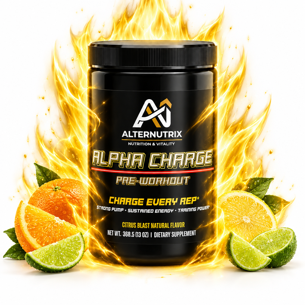 A black tub of AlternNutrix Alpha Charge pre-workout supplement centered on a white background, surrounded by bright orange flames and citrus slices including oranges, limes, and a whole orange. The label reads Alpha Charge and includes flavor text for Citrus Blast Natural Flavor.