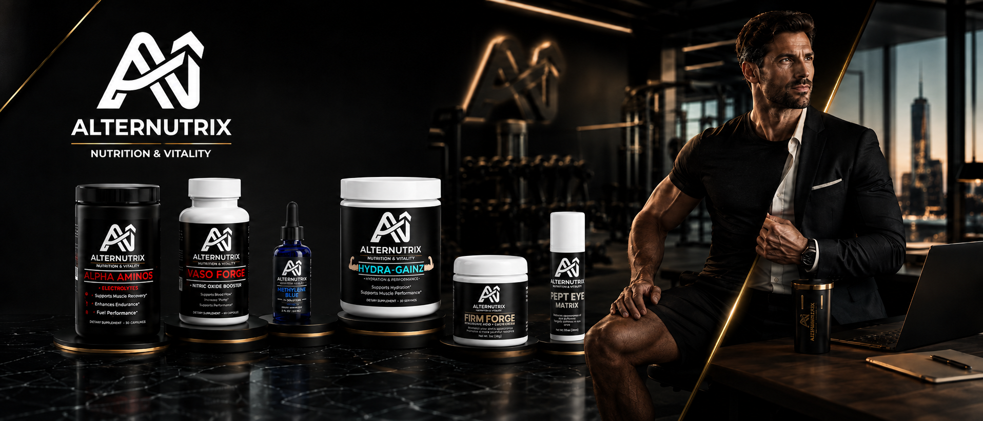 A promotional banner for AlternNutrix showing several supplement containers on a dark counter next to a man in a black suit sitting at a desk with a laptop in a modern office setting.
