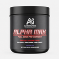 A black plastic tub of Alternutrix Alpha Max pre-workout supplement on a light gray background. The label features the brand name 'Alternutrix' and the product name 'Alpha Max' in bold red and white lettering.