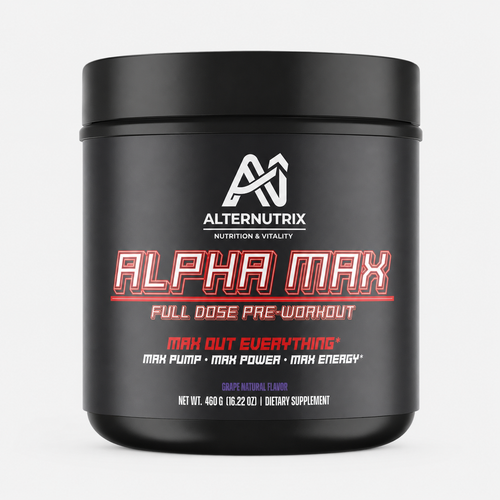 A black plastic tub of Alternutrix Alpha Max pre-workout supplement on a light gray background. The label features the brand name 'Alternutrix' and the product name 'Alpha Max' in bold red and white lettering.