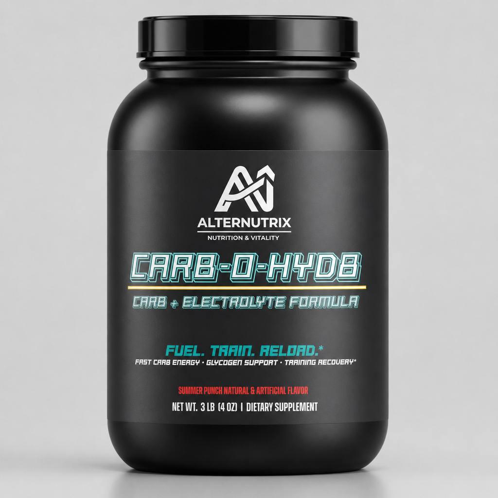 A black plastic tub of AlternNutrix Carb-O-Hyd dietary supplement with a black lid, featuring a black label with white and teal text.