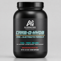 A black plastic tub of AlternNutrix Carb-O-Hyd dietary supplement with a black lid, featuring a black label with white and teal text.