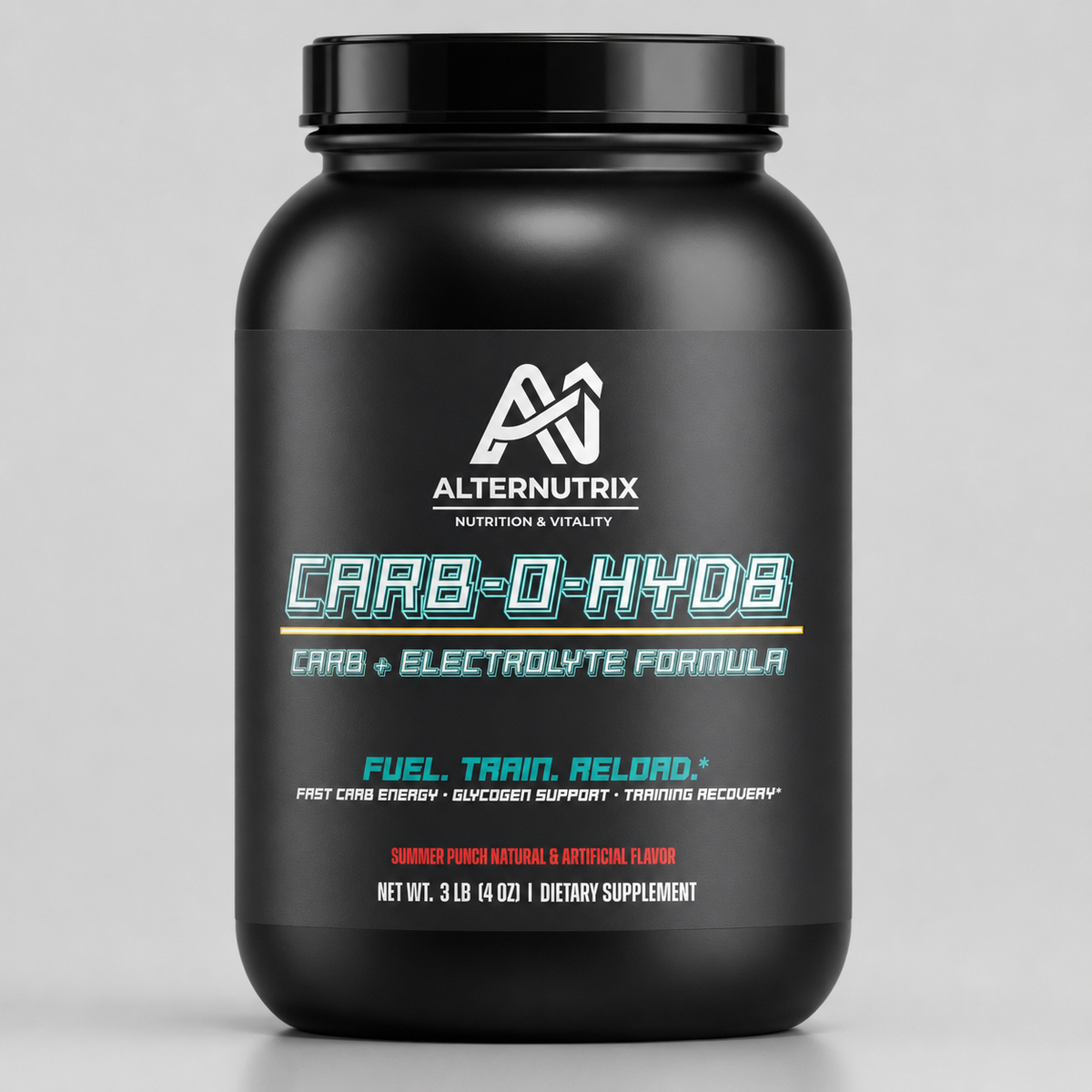 A black plastic tub of AlternNutrix Carb-O-Hyd dietary supplement with a black lid, featuring a black label with white and teal text.