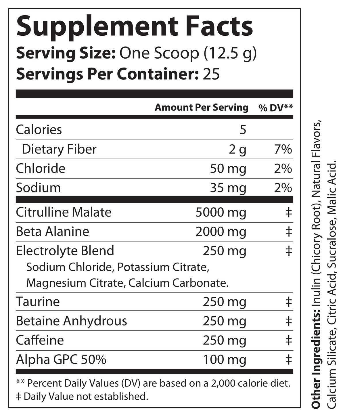 Supplement Facts label showing a nutrition table for a scoop-based supplement. The label lists serving size as one scoop (12.