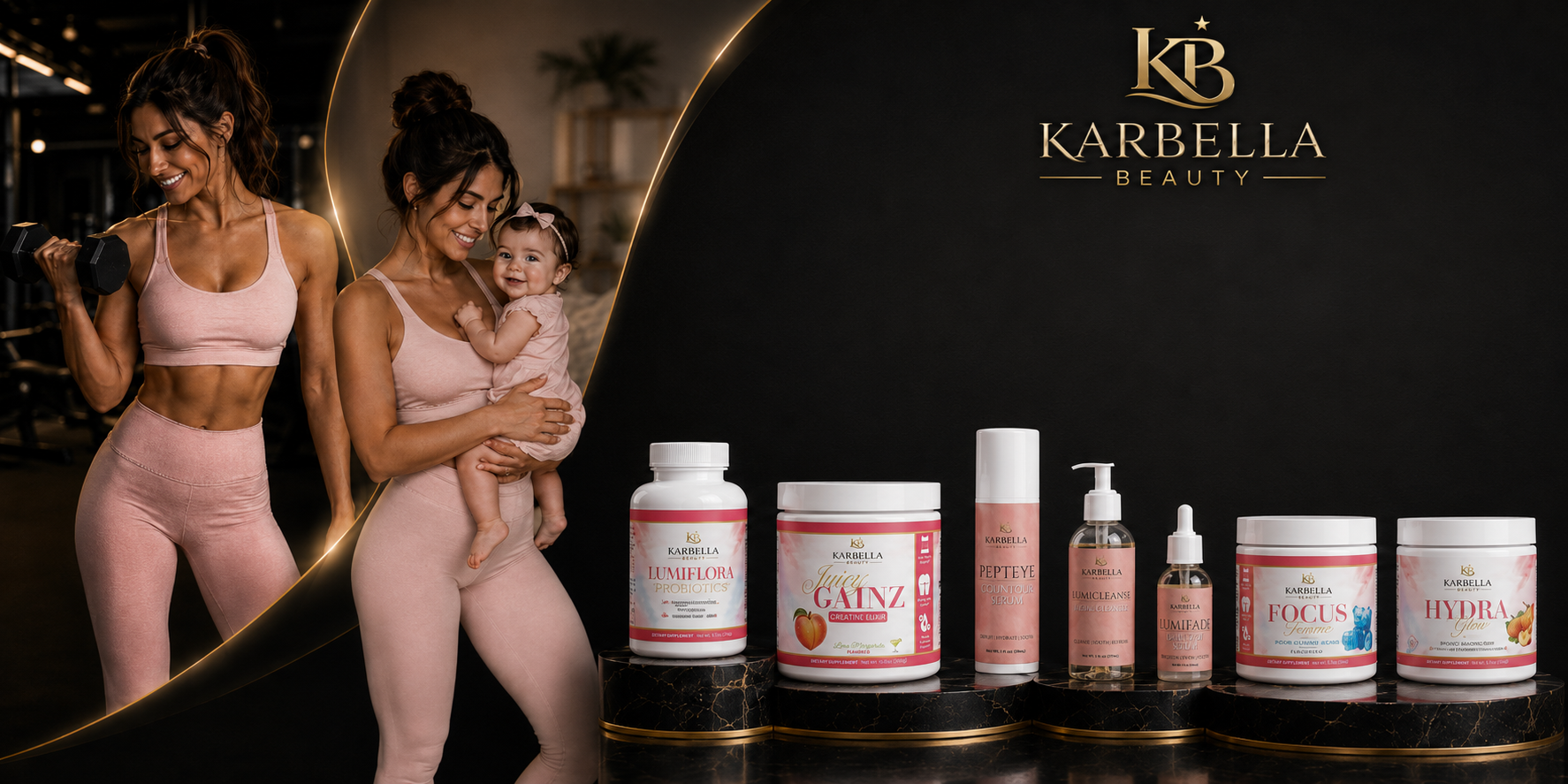 Karbella Beauty skincare and supplement products displayed on a black surface against a dark background, alongside two women in pink activewear in a gym setting. Visible brands include Karbella Beauty and the sub-brand Karbella.