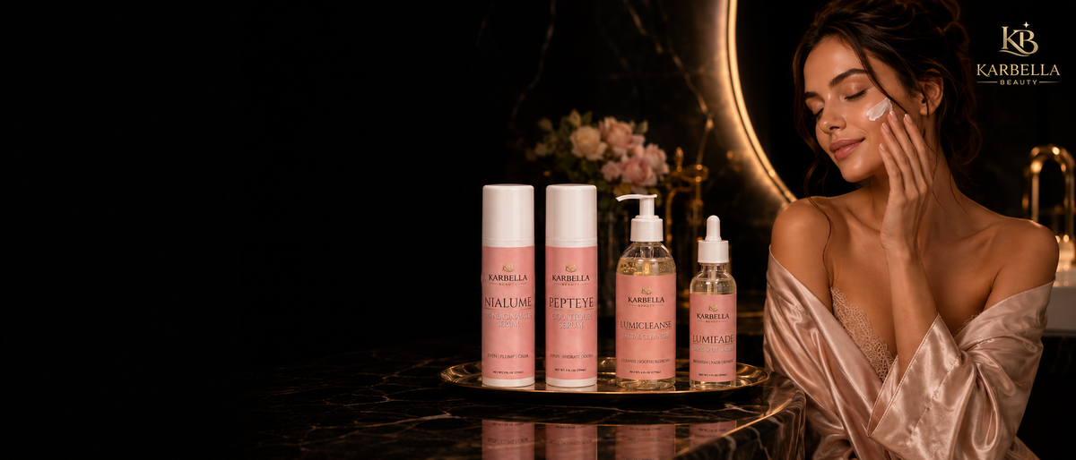 Four Karbella skincare bottles and a pump bottle arranged on a reflective tray beside a woman in a satin robe applying cream to her face, set against a dark marble bathroom background with warm lighting.