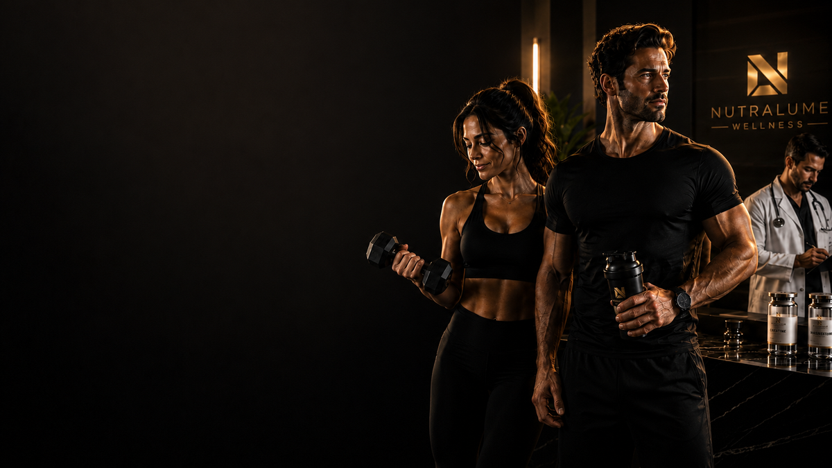 A fitness lifestyle scene featuring a man and a woman in black activewear at a dark gym. The woman is holding a dumbbell, and the man holds a shaker bottle.