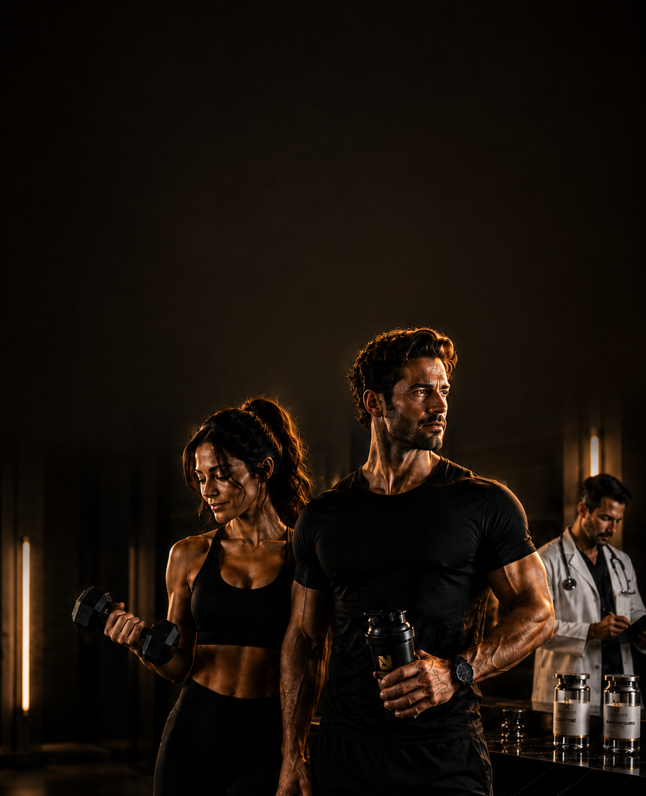 A fitness gym scene with a man and a woman in black athletic wear, with a trainer in the background near water bottles on a counter.